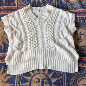 Shekou Cream Cotton Oversize Cozy White Cable Knit Short Sleeve Sweater Size L